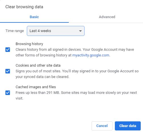 clear browsing data pop up box